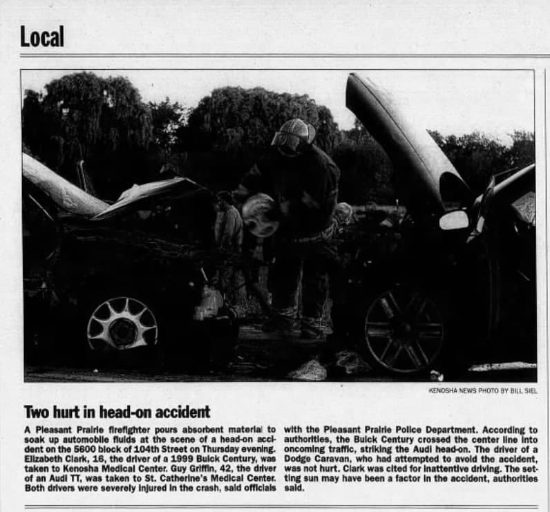 A clipping from the Kenosha newspaper published the day after the accident, capturing the early details surrounding the incident.