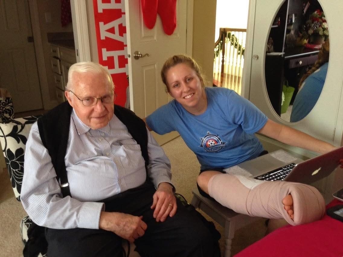 Recovering from one of my many ankle surgeries, with my Papa by my side. If it hadn't been for his advice on treating my liver injury in the critical days after the accident, I may not have survived.