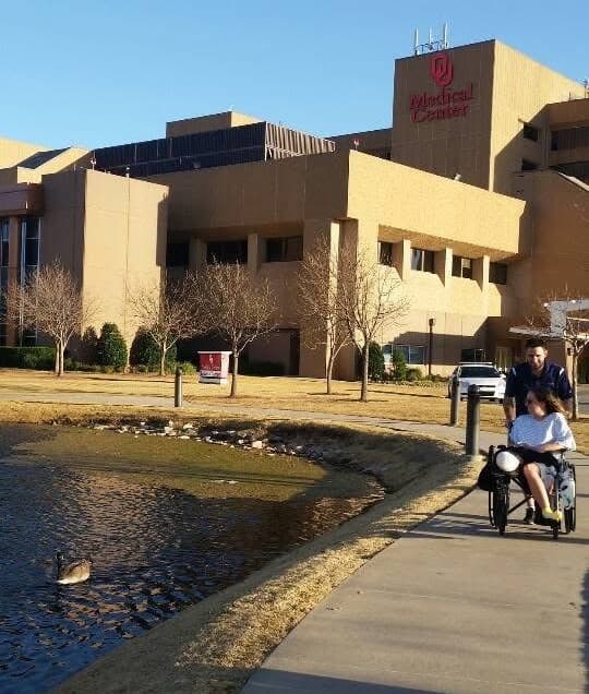 Spencer and I taking a stroll on the Oklahoma University Medical Center campus after the amputation. Soon, I would be discharged and begin the journey back home to Wisconsin.